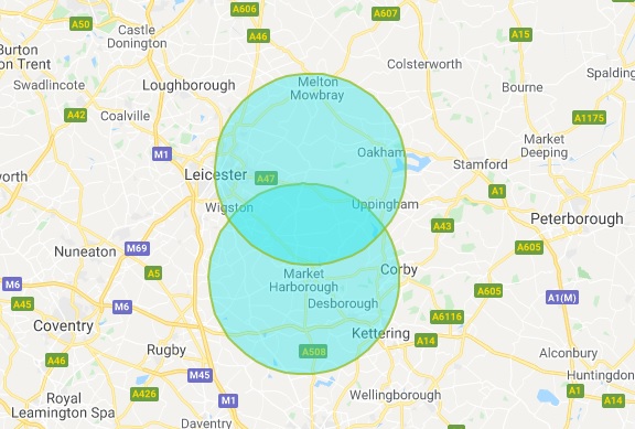 Areas covered by Traintalk, centred on Market Harborough